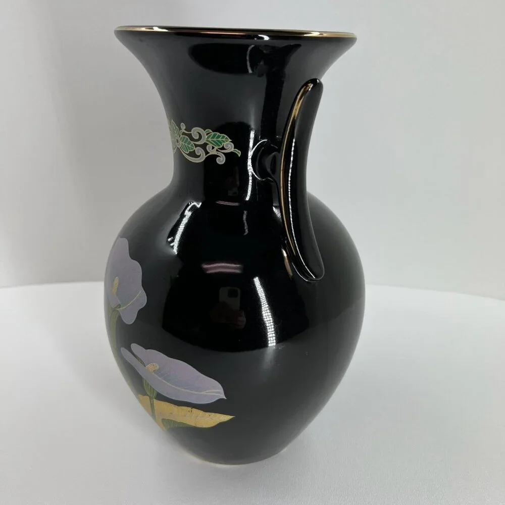 Vintage Japanese Black Floral Vase Calla Lily Vase Gold Trim Dual Handle Decor